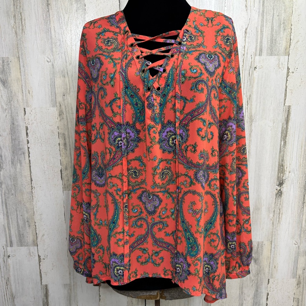 Nicole Coral and Purple Paisley Lace-Up Blouse‎